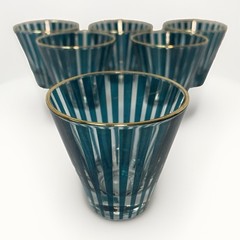 «6 Vintage Jeannette Carousel Teal Gold Juice Glasses Mad Men MCM Barware» EUC