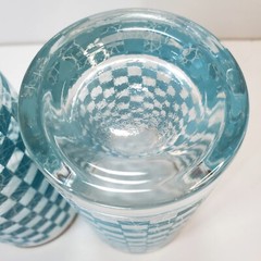 Vtg MCM Turquoise Checkered Spaghetti String Tumblers 12oz Tall Drinking Glasses