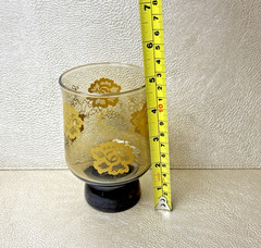 Groovy Smokey Brown Tumbler Glasses With Yellow Flowers Set 6 MCM Stackable