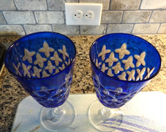 (2) Bohemian Glass Cobalt Blue Cut to Clear LARGE Iced Beverage Goblets