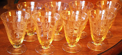 Vtg Set 8 LA FLEURE YELLOW 4.75″ Etched FOOTED TUMBLERS Glass TIFFIN FRANCISCAN