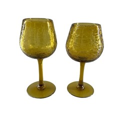 Vintage Pair (2) Light Amber Crackle Hand Blown Art Glass Wine Goblets 7 in.