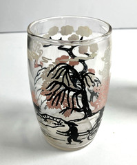 Set 2 Vintage MCM Drinking Glasses Asian Cherry Blossom Pink Pagoda Bar Ware 4″