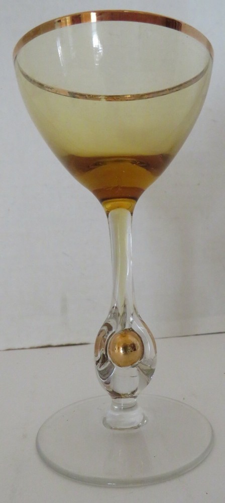 VTG Czechoslovakia Atlas Amber Gold Trim & Ball in Stem Liquor Cocktail-5 3/8″