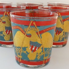Set of 6 Cera E Pluribus Unum Scotch Whiskey Glasses Barware Patriotic Eagle MCM