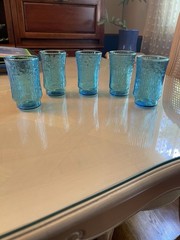 Vtg Set of 5 Anchor Hocking Pagoda Juice Glasses Laser Blue Bamboo 3.75” Tall