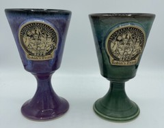 Pluth Pottery Sherwood Forest ROBINS FEAST Glazed Goblets Set Of 2 PURPLE & GRN