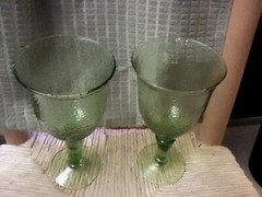 Vintage Green Hammered Glass Goblets 7.5″ Tall Footed Stemmed Set Of 2