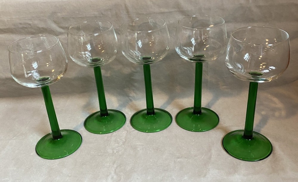 Vintage Luminarc Green Stem Wine Glasses Set of 5 French Mid Century Goblets