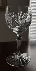 Three Water Goblets Juliette by American Cut. Cut bowl and multi sided stem