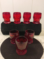 Ruby Red Glass Georgian Whiskey Glasses Shot Glasses 2 5/8″ Tall Set of 7