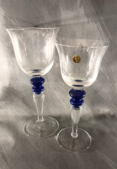 8 Flared Crystal Wine Glasses Clear Stem with Dual Cobalt Blue Disc Accent