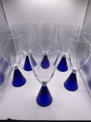 Sasaki Eon Blue 7 1/2″ Water Goblets Blue Stem Clear Bowl – Set of 6 Made Japan
