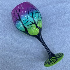 Hand Painted Wine Glass Tree Art Swirl Base Signed Rebecca Surrender 8.5″ Decor