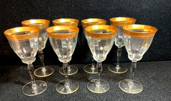 TIFFIN FRANCISCAN RAMBLER ROSE CLEAR CRYSTAL WINE GLASSES GOLD RIM – SET OF 8