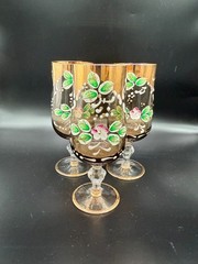 Italian Venetian Smoky Glass Enameled Gold Accented Set of 3 Wine Glasses