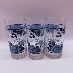 Corning Blue Velvet Tumblers Glasses Set of 3 Blue Floral 16 Oz Drinking Glasses