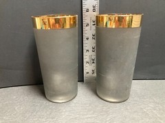 2 Vintage Black Frosted Glass Gold Rim Drinking Glasses MCM Highball
