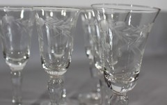 Cordial Etched Frosted Floral & Vine Pattern Cut Glass 4″ Tall Set Of 6 Glasses
