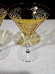 SET OF 2- RARE TIFFIN ARCADIAN TOPAZ YELLOW ETCHED BASKET 5 5/8″ WINE GLASSES
