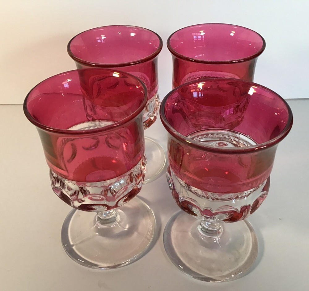 Set of 4 Vintage Clear and Cranberry Thumbprint stemmed drinking glasses B