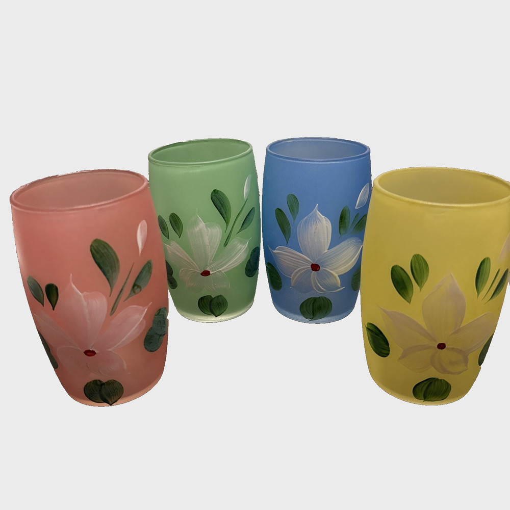 4 Tumblers Gay Fad Bartlett Collins Glasses Hand Painted Flowers Frosted