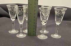 6 Etched Glass Stemware Cordial Stem Floral Leaves Classic Delicate 3.75″