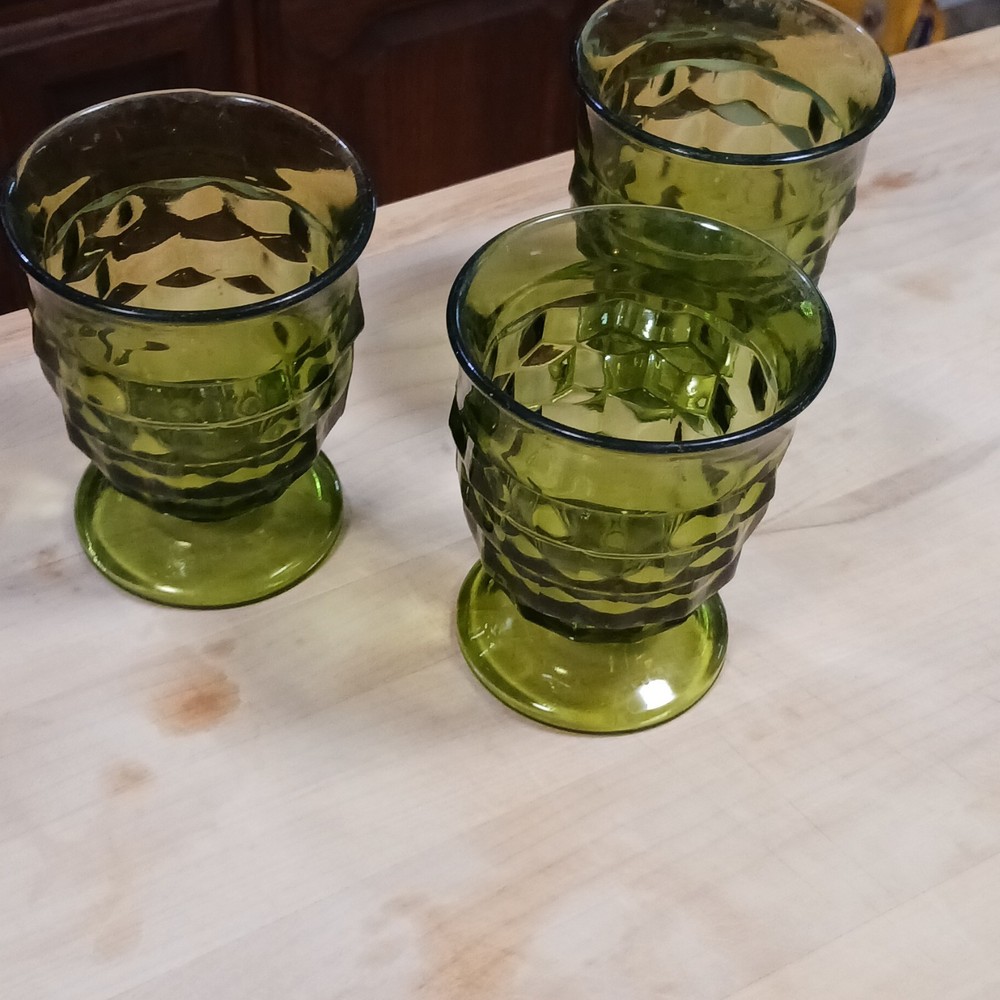 3 Vintage Indiana Glass Avocado Green Whitehall Cubist Footed 8oz 4 Tumblers