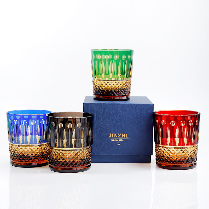 French Saint Louis Crystal Style-Set 4 Glasses Colored Whiskey Tumbler Gift Pack
