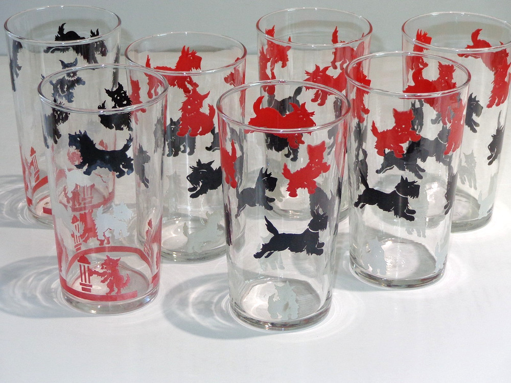7 Vintage Libbey Glass Red Black & White Scottie Scotty Dog Tumblers