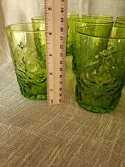 VTG Set 11 Olive Green Pressed Glass Tumblers 4″ Floral Scroll Rocks Juice Glass
