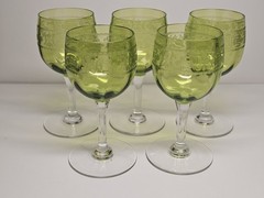 Set Of 5 Fine Etched St. Louis? Crystal Green Optic Ribbed Wine Glasses