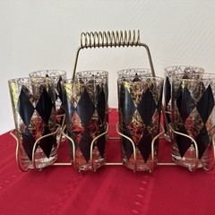 Vintage Federal Glass Rare MCM Harlequin Black And Gold Set Of 8 with carrier.
