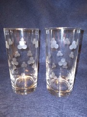 Pair Vintage Libbey Etched Frosted Clovers Clubd Highball Cocktail Glasses MCM