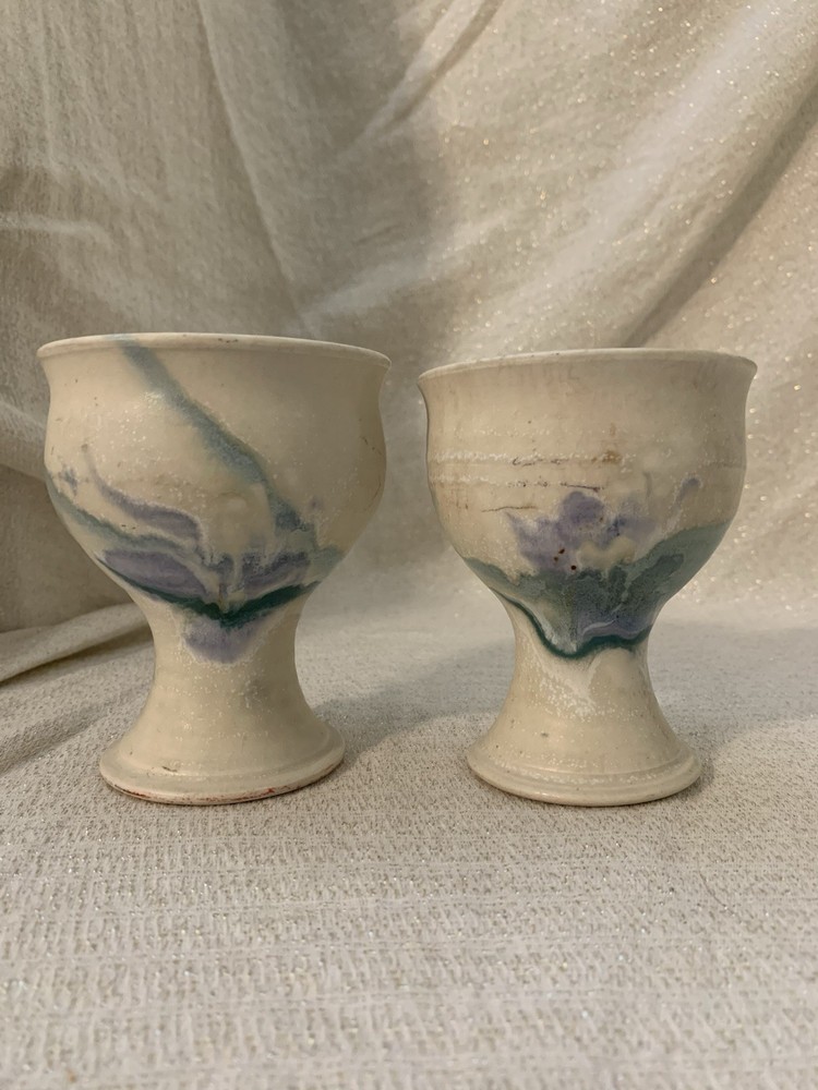 Vintage Set/2 Stoneware Hand Thrown Studio Pottery Goblet Chalices Floral Swirl