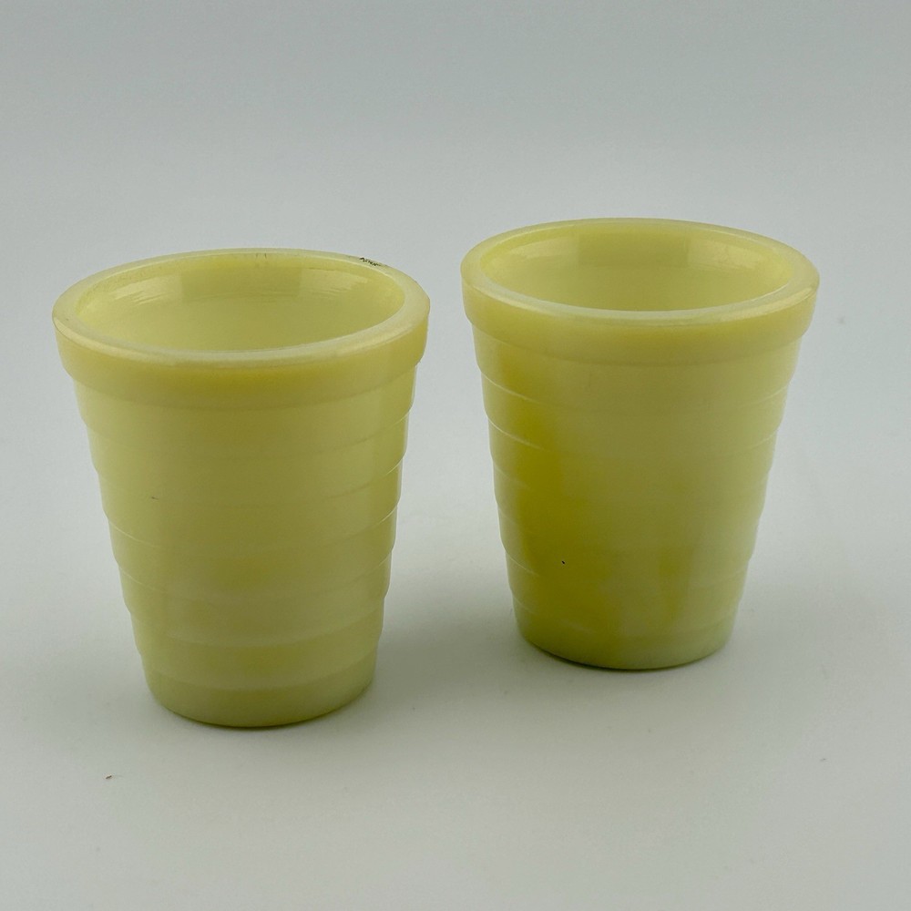 Vintage Jadeite Ribbed Shot Glasses Pair Depression Era Green Slag Glass Cordial