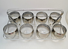 Vintage Roly Poly Glass Set of 8 with Caddy Dorothy Thorpe Style Silver Rim MCM!