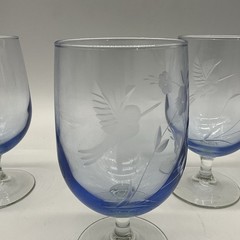4 Water Goblets, Light Blue, Clear Stems, Etched Floral W/ Humming Birds 6 1/4”