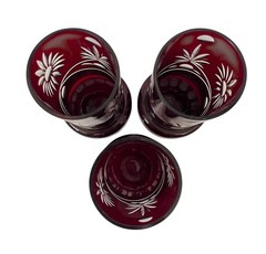 Set of 3 Ruby Red, cut-to-clear Bohemian Art Glass tumbler /Cordial glasses