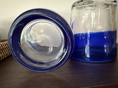 2 Mexican Hand Blown Cobalt Blue Rim Glass Tumbler Rough Pontil Bubble Low Ball