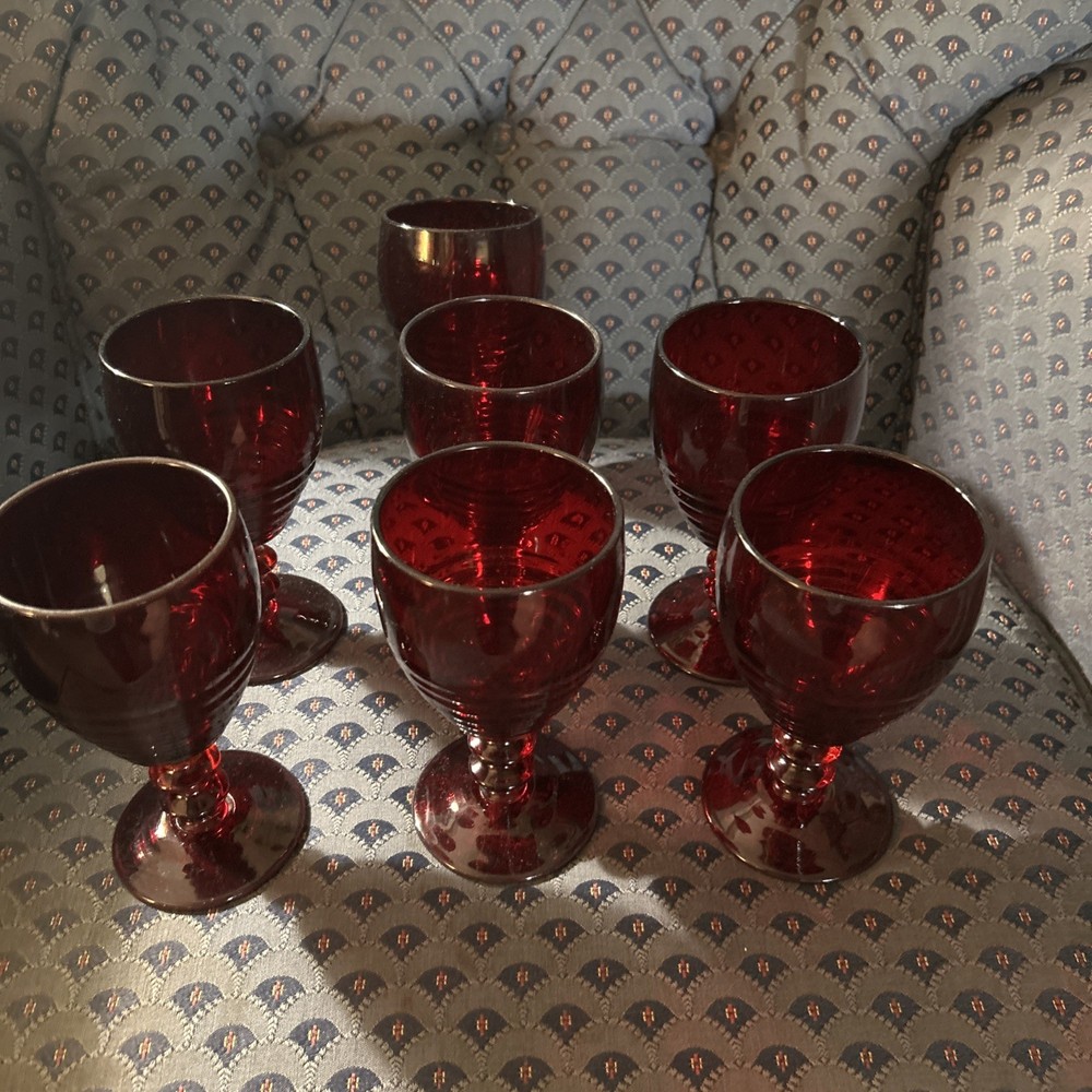 7 Paden City Ruby Red Glasses Penny Line #991 Goblets USA Vintage Water Wine 6″