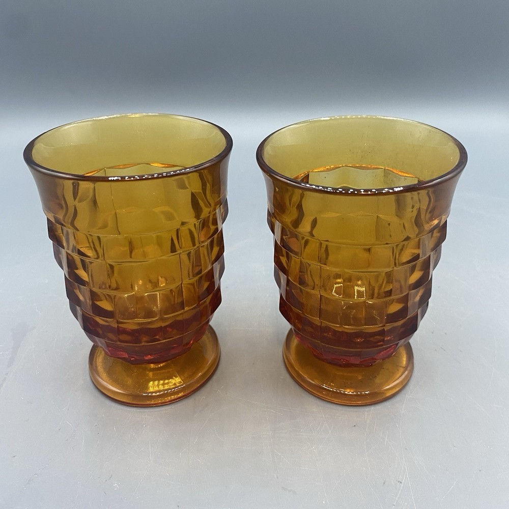Indiana Glass Whitehall Cubist 4″ Amber Juice Tumblers Pair