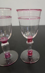 Lot of 4 Mid-Century Cordial Glasses – Clear w/ Pink and Purple Accents 2.5 oz.