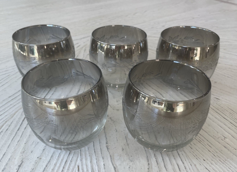 Vtg Set 5 MCM Dorothy Thorpe Roly Poly Glasses Silver Fade Raised Glitter Floral