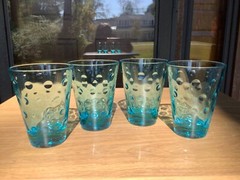 Hazel Atlas 4 Juice Cocktail Glasses Blue Capri Dot UV Glow Optic Dots Bar
