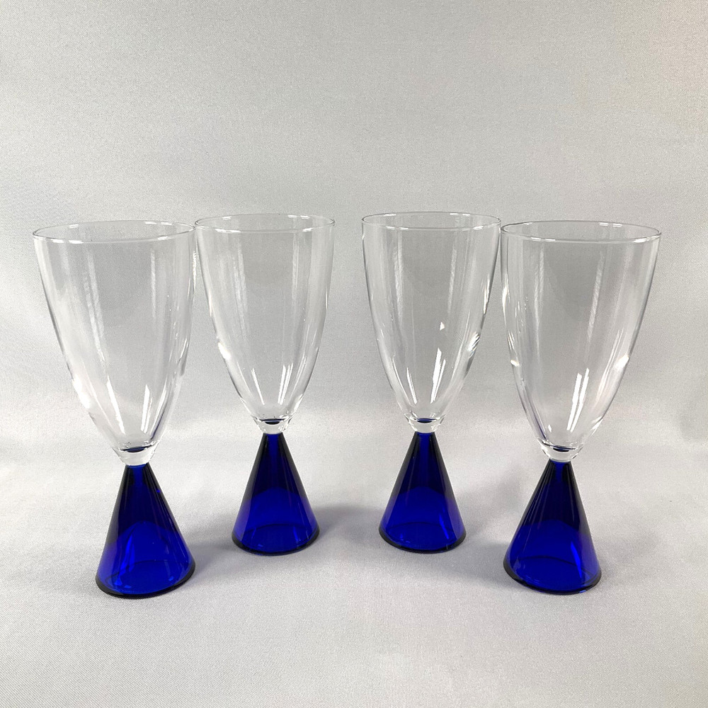 Sasaki Eon Blue Goblets Blue Stem Clear Bowl Set of 4 Vintage
