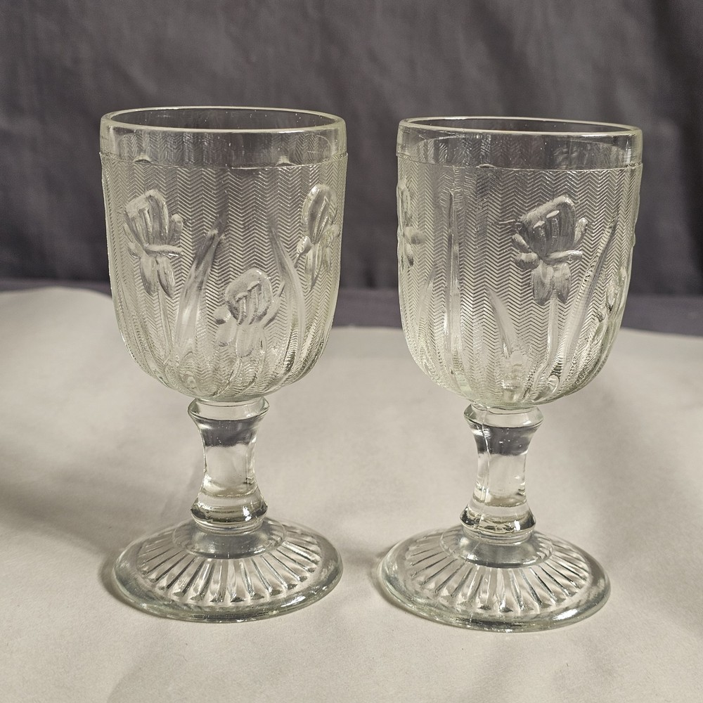 Set of 2 Jeanette Glass Iris & Herringbone Small Goblets Clear 5-3/4″ 6 oz
