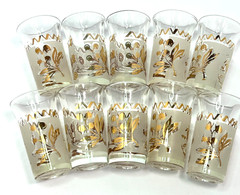 Shot Glasses Mid‑Century Gold Dove Set of 10, 1 1/2″ Rim, Vintage MCM Barware