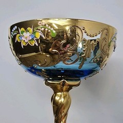 Early Murano Venetian Art Glass Goblet Teal Blue Gold Enamel 6⅞” Hand Painted