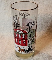 Vintage Libbey Christmas Village Glass w/ Gold Rim Winter Scene Horse Sleigh